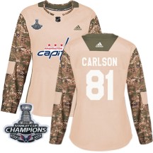 Adam Carlson Washington Capitals Adidas Women's Authentic Veterans Day Practice 2018 Stanley Cup Champions Patch Jersey - Camo