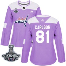 Adam Carlson Washington Capitals Adidas Women's Authentic Fights Cancer Practice 2018 Stanley Cup Champions Patch Jersey - Purpl