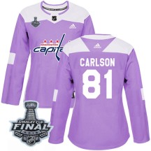 Adam Carlson Washington Capitals Adidas Women's Authentic Fights Cancer Practice 2018 Stanley Cup Final Patch Jersey - Purple